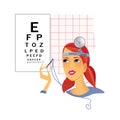 Checking visual acuity. Portrait of a girl looking at a needle with a thread on the background of the table for an eye examination