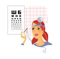 Checking visual acuity. Portrait of a girl looking at a needle with a thread on the background of the table for an eye examination