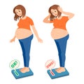 Checking weight pregnant woman. Happy and sad pregnant woman. Pregnant woman, weighed on the scales. Vector Illustration Royalty Free Stock Photo