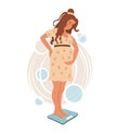 Checking weight young pregnant woman standing on the abstract background. Weighed on the scales. Flat vector illustration on