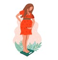 Checking weight young pregnant woman standing on the floral background. Weighed on the scales. Flat vector illustration on white