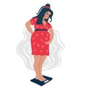 Checking weight young pregnant woman standing on the floral background. Weighed on the scales. Flat vector illustration on white