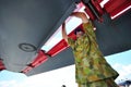 Checking wing of F-111 at Singapore Airshow Royalty Free Stock Photo