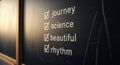 Checklist with affirmative ticks on chalkboard featuring inspirational words journey science beautiful rhythm Royalty Free Stock Photo