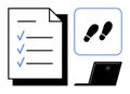 Checklist, Footprint Icon, and Laptop Representing Task Progress and Digital Tracking Royalty Free Stock Photo