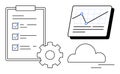 Checklist, gear, analytics chart, and cloud representing task management and data analysis concepts Royalty Free Stock Photo