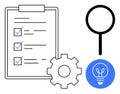 Checklist with Gear, Magnifying Glass, and Lightbulb Icon for Organization and Problem-Solving Royalty Free Stock Photo