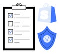 Checklist with Checkmarks Next to Shopping Bag and Shield Icon Indicating Security and Verification