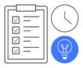 Checklist with Checkmarks, Wall Clock, and Lightbulb Icon Highlighting Time Management and Planning Royalty Free Stock Photo