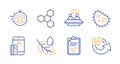 Checklist, Chemical formula and Bacteria icons set. Leaf dew, Employees talk and Timer signs. Vector