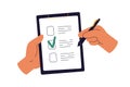 Checklist on clipboard. Hands ticking, marking checkmark on paper check-list. Filling questionnaire, survey form Royalty Free Stock Photo