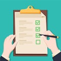 Checklist clipboard. Human holding checklist and pencil. Questionnaire, survey, task list. Vector illustration Royalty Free Stock Photo