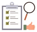 Checklist on Clipboard with Magnifying Glass and Thumbs Up for Evaluation and Approval Concepts Royalty Free Stock Photo