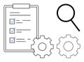 Clipboard with Checklist, Magnifying Glass, and Gears Representing Workflow and Process Optimization Royalty Free Stock Photo