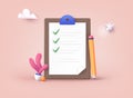 Checklist on a clipboard paper. Successful completion of business tasks. 3D Web Vector Illustrations
