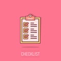 Checklist clipboard sign icon in comic style. Document list vector cartoon illustration on white isolated background. Royalty Free Stock Photo