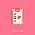 Checklist clipboard sign icon in comic style. Document list vector cartoon illustration on white isolated background. Royalty Free Stock Photo