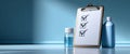 Checklist on clipboard with three checked boxes and two medicine bottles on reflective surface against blue background Royalty Free Stock Photo