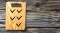 Checklist clipboard on wood, task complete, rustic background