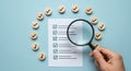 Checklist Complete! Magnifying Glass Inspecting Tasks, Wooden Checkmarks, Business Audit & Approval Concept. Quality Control,