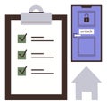 Checklist with Completed Tasks, Door Unlock Button, and House Symbol for Process Completion Royalty Free Stock Photo