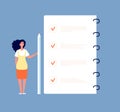 Checklist concept. Businesswoman standing at to do list. Months planning, time management and survey form vector