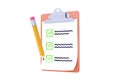 Checklist 3d render - paper list with questionnaire, document clipboard and survey check form. Test note with pencil