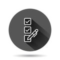 Checklist document icon in flat style. Survey vector illustration on black round background with long shadow effect. Check mark Royalty Free Stock Photo