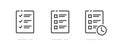 Checklist document line stroke simple icon graphic set, thin outline linear check list test exam paper form with clock time, quiz