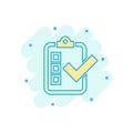 Checklist document sign icon in comic style. Survey vector cartoon illustration on white isolated background. Check mark banner