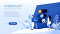 Checklist flat landing page with header, banner vector template. To do list, documentation of tasks, scheduling, planning, Royalty Free Stock Photo