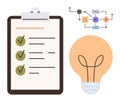 Checklist with Green Checkmarks, Flow Diagram for AI Process, and Bright Idea Lightbulb Concept Royalty Free Stock Photo