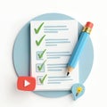 Checklist with green ticks and blue pencil. play button and light bulb idea icon. Digital content creation, planning, and tasks Royalty Free Stock Photo