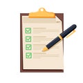 Checklist icon. Document with green ticks checkmarks. Checklist and pen. Application form, complete tasks