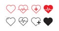 Set of heart icons. Red heartbeat line icons on white background. Pulse Rate Monitor. Vector Royalty Free Stock Photo