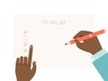 Checklist paper, hand holding pen and write to do roster isolated on white, flat vector illustration. Arm carrying Royalty Free Stock Photo