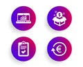 Checklist, Post package and Online statistics icons set. Exchange currency sign. Vector