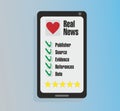 Real news, not fake news. Checklist on mobile screen Vector illustration.