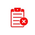 Checklist rejected red icon. Clipboard with failed task symbol. Vector flat illustration Royalty Free Stock Photo