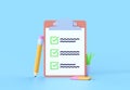 Checklist render 3d icon - paper clipboard, task check list icon and office pencil. Exam note clip board