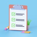 Checklist render 3d - paper clipboard, task check list icon and office pencil. Exam note clip board Royalty Free Stock Photo