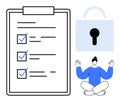 Checklist, Secure Lock, and Meditating Person Representing Organization and Stress-Free Security Royalty Free Stock Photo