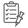 Checklist and syringe line icon, injections concept, Approved vaccine report sign on white background, Vaccination list