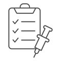 Checklist and syringe thin line icon, injections concept, Approved vaccine report sign on white background, Vaccination