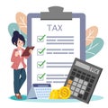 Checklist tax payment on clipboard paper. calculator, coins, calendar.State government taxation concept. Royalty Free Stock Photo