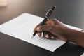 Checklist tick, closeup and hands with a pen, agenda or planning administration at work. Receptionist, plan and person Royalty Free Stock Photo
