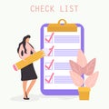Checklist with a tick mark. woman holds a pencil and stay near giant clipboard