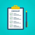 Checklist with tick marks in a flat style. Questionnaire on a clipboard paper. Successful completion of business tasks. Checklist, Royalty Free Stock Photo