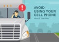 Checklist for truck drivers. Avoid using your cell phone while driving. Semi-trailer driver talking on the phone