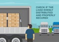 Checklist for truck drivers. Check if the load evenly distributed and secured. Semi-trailer loaded with cardboard boxes.